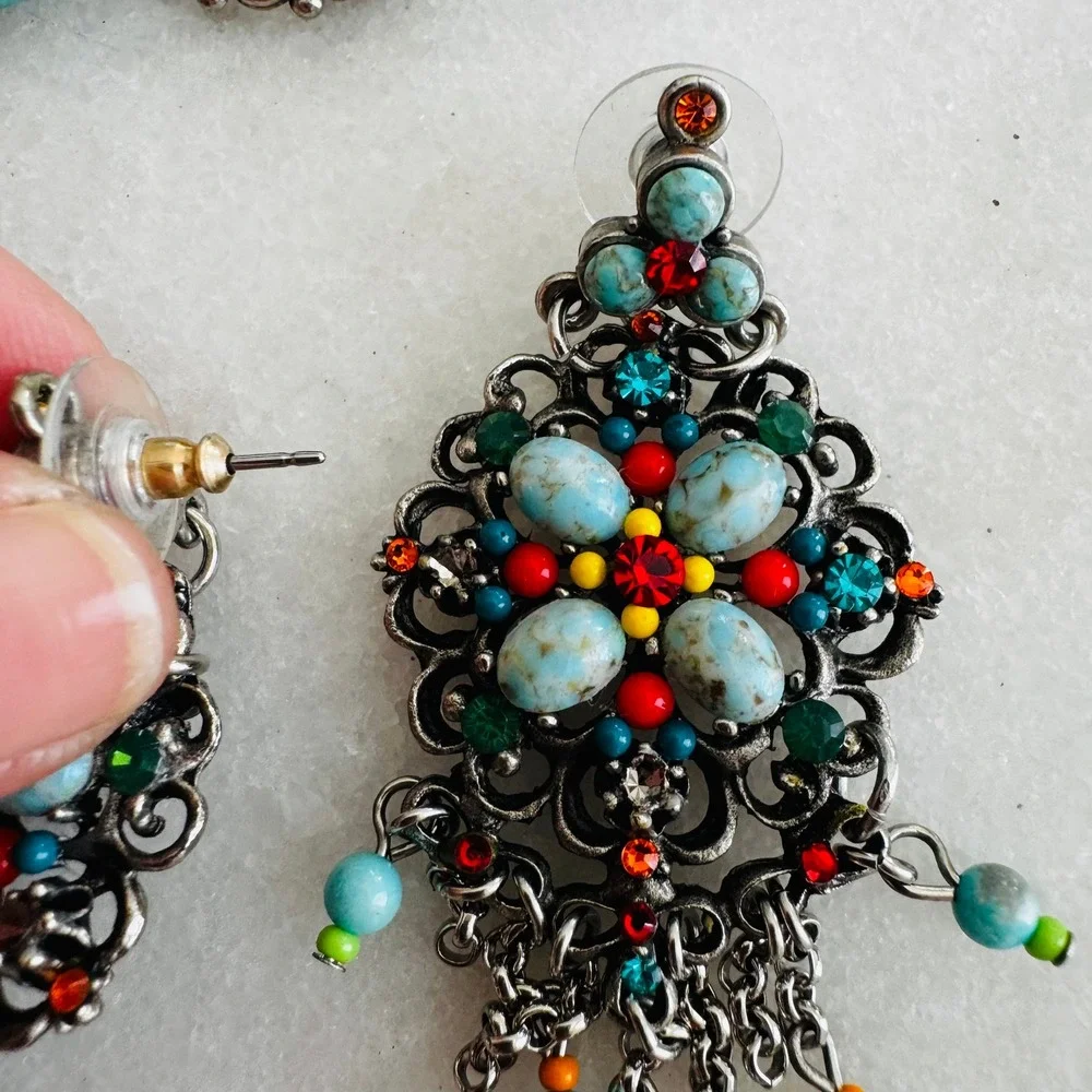 Boho Faux Turquoise Multi-Color Rhinestone Bracelet & Chandelier Earring Set